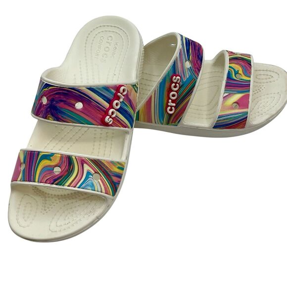 Crocs Sandal Unisex Sz W9 M6 Tie Dye Slide Double Strap Pink/Blue Swirl 3D Logo - Picture 1 of 7